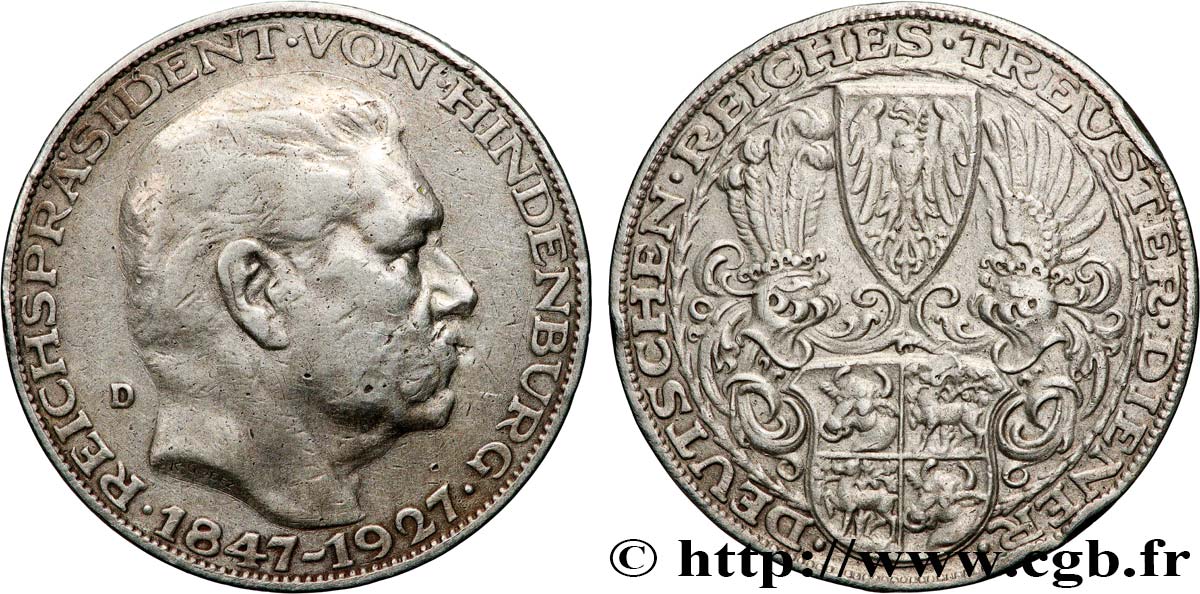 ALEMANIA Module de 5 Reichsmark 80e anniversaire du Maréchal von Hindenburg 1927 Munich MBC 