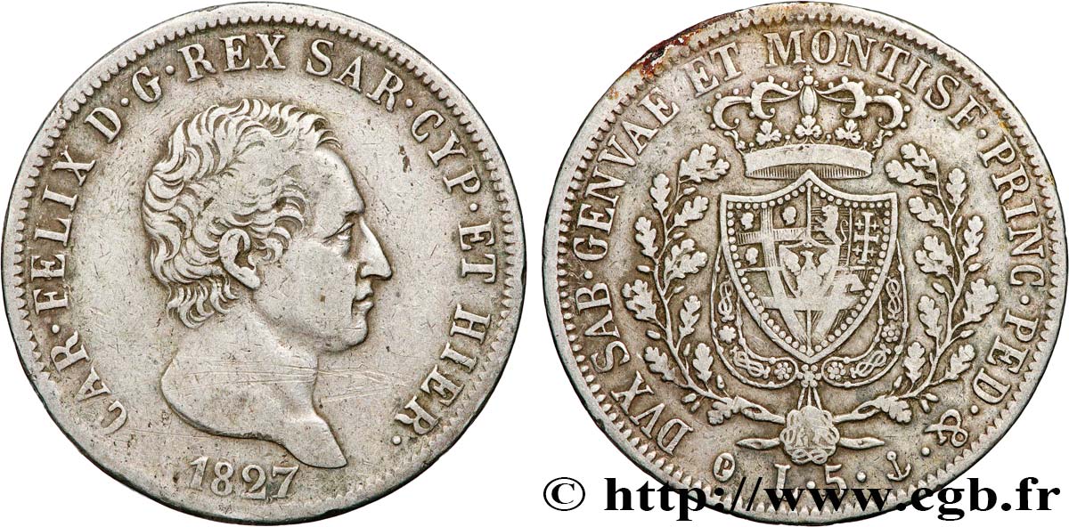 ITALY - KINGDOM OF SARDINIA - CHARLES-FELIX 5 Lire Charles-Félix 1827 Turin XF 