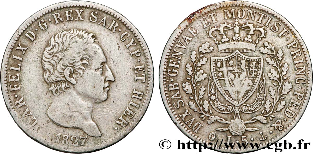 ITALIA - REGNO DE SARDINIA - CARLO FELICE 5 Lire Charles-Félix 1827 Turin BB 