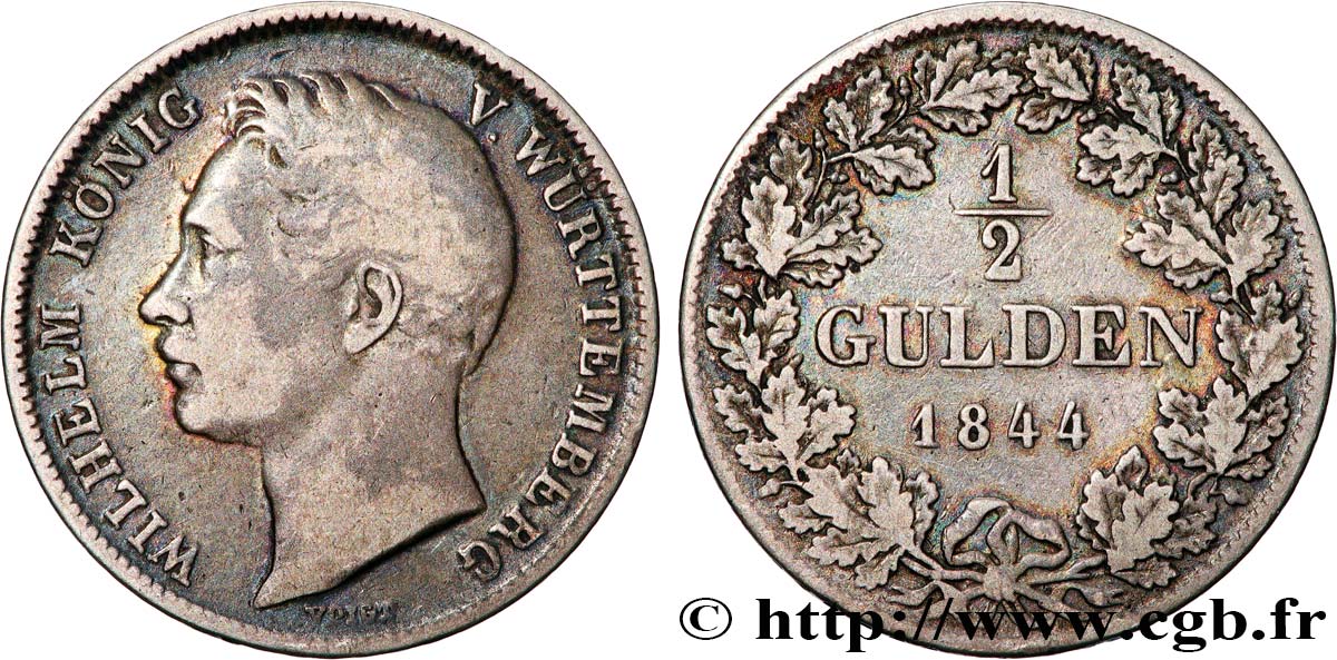 GERMANY - KINGDOM OF WÜRTTEMBERG - WILLIAM I 1/2 Gulden  1844  VF 