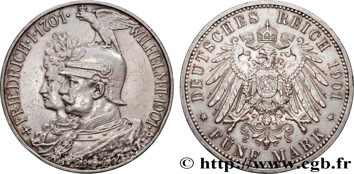 GERMANY - PRUSSIA 5 Mark Guillaume II 200e anniversaire de la Prusse 1901 Berlin XF 