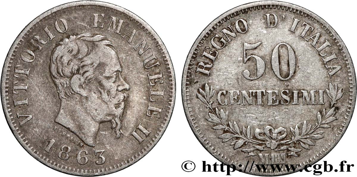 ITALIE 50 Centesimi Victor Emmanuel II 1863 Milan TTB 