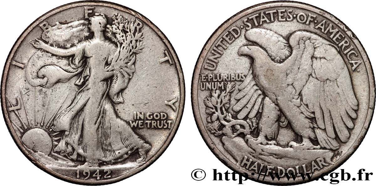 ÉTATS-UNIS D AMÉRIQUE 1/2 Dollar Walking Liberty 1942 Philadelphie TB+ 