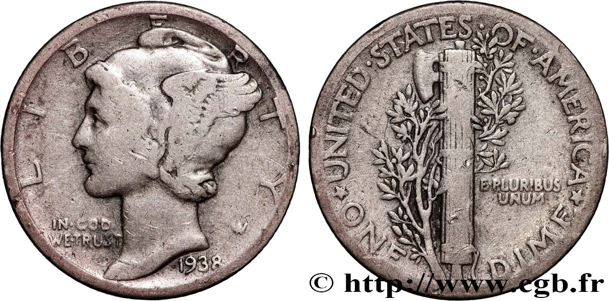 ÉTATS-UNIS D&nbsp;AMÉRIQUE 1 Dime Mercury 1938 Philadelphie TB+ 