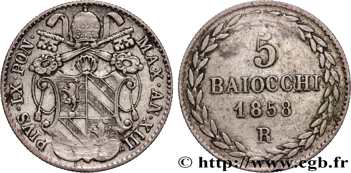 ITALY - PAPAL STATES - PIUS IX (Giovanni Maria Mastai Ferretti) 5 Baiocchi an XIII 1858 Bologne XF 