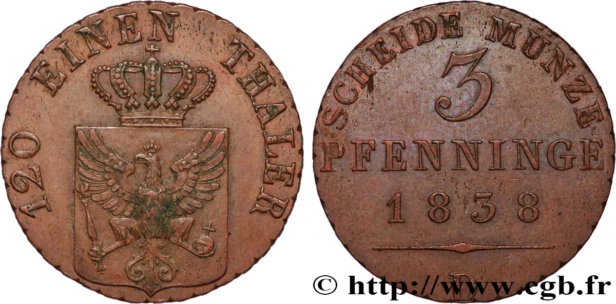ALEMANIA - PRUSIA 3 Pfenninge Royaume de Prusse écu à l’aigle 1838 Düsseldorf - D MBC 