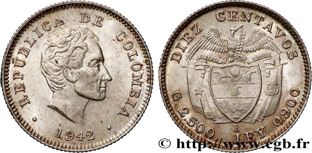 COLOMBIA 10 Centavos Simon Bolivar 1942 Bogota AU 
