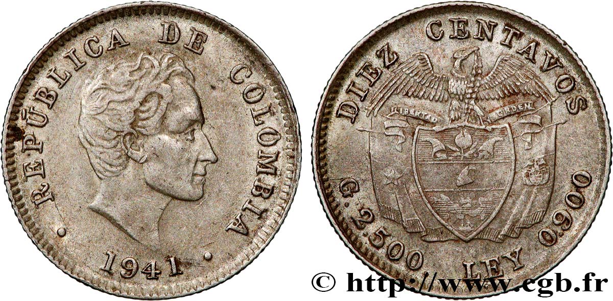 COLOMBIA 10 Centavos Simon Bolivar 1941 Bogota BB 