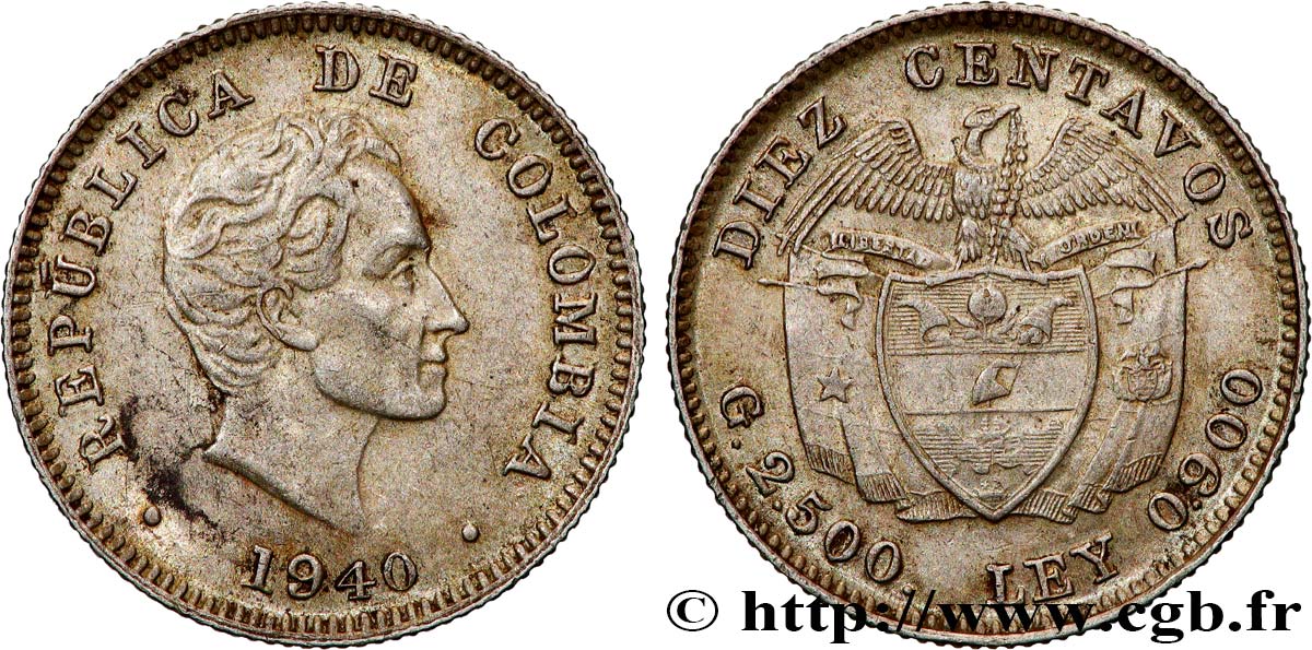 COLOMBIA 10 Centavos Simon Bolivar 1940 Birmingham XF 