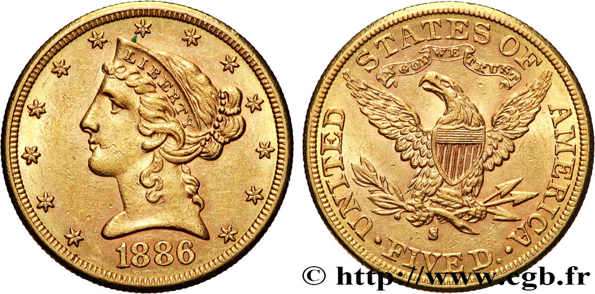 OR, PALLADIUM ET PLATINE INVESTISSEMENT 5 Dollars  Liberty  1886 San Francisco TTB+ 
