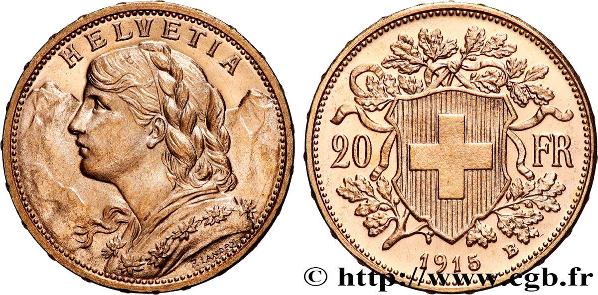 INVESTMENT GOLD 20 Francs  Vreneli   1915 Berne MS 