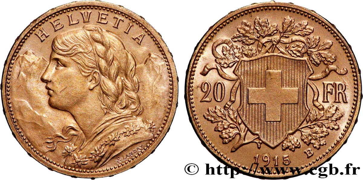 INVESTMENT GOLD 20 Francs  Vreneli   1915 Berne MS 