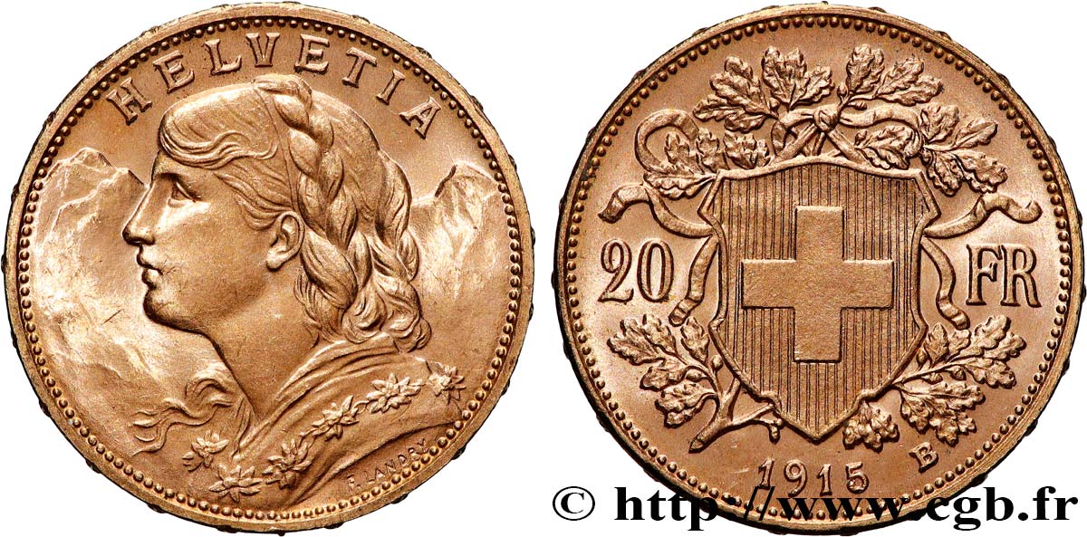 INVESTMENT GOLD 20 Francs  Vreneli   1915 Berne MS 