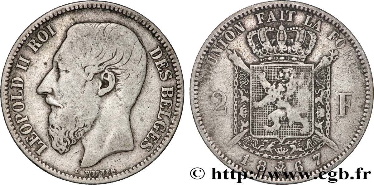BELGIQUE 2 Francs Léopold II légende française 1867  TB 