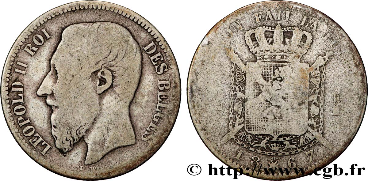 BELGIQUE 2 Francs Léopold II légende française 1867  TB 