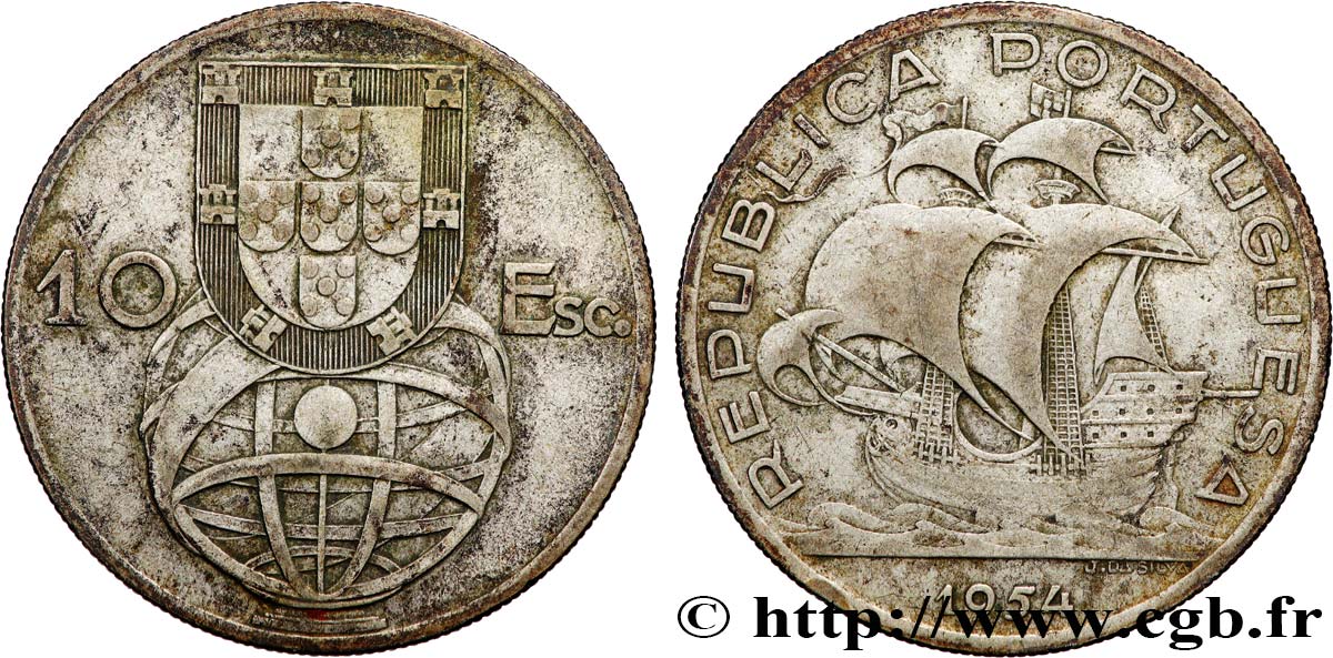 PORTUGAL 10 Escudos 1954  XF 