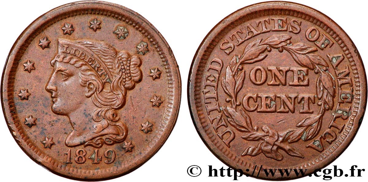 STATI UNITI D AMERICA 1 Cent Liberté “Braided Hair” 1849 Philadelphie BB 