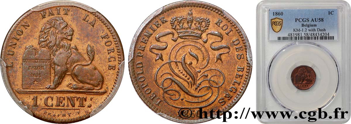 BELGIUM 1 Centime Léopold Ier 1860  AU58 PCGS