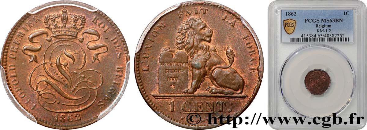 BELGIUM 1 Centime Léopold Ier 1862  MS63 PCGS