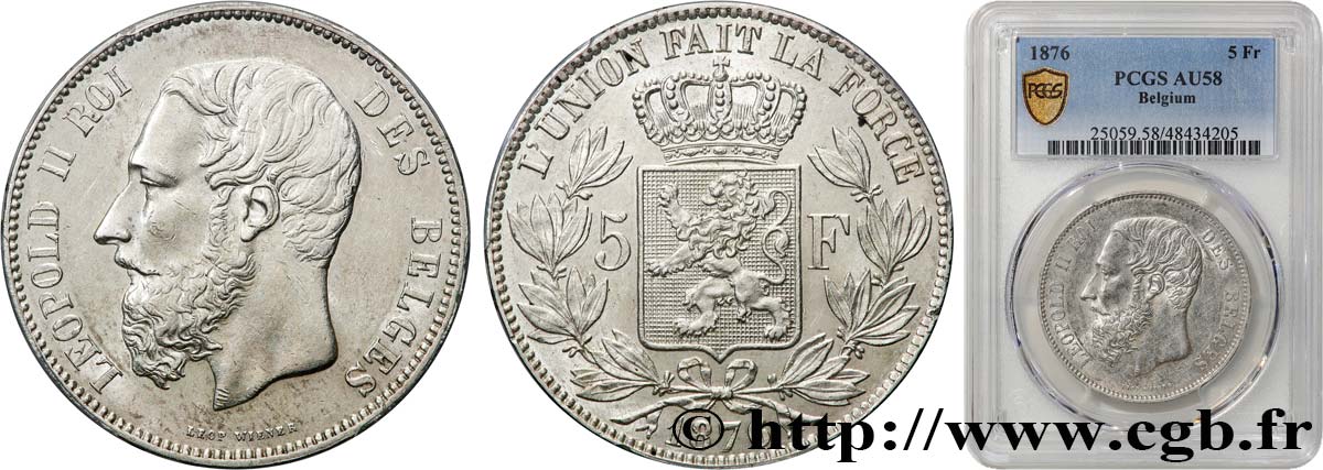 BELGIUM 5 Francs Léopold II 1876  AU58 PCGS