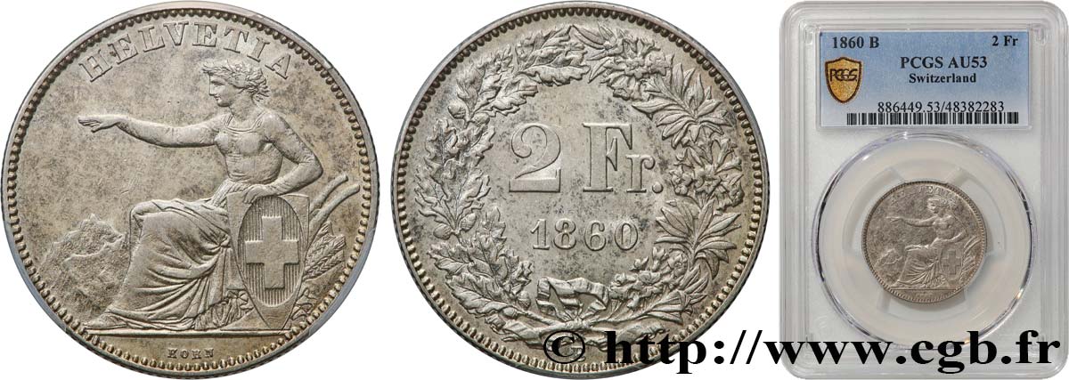 SWITZERLAND 2 Francs Helvetia 1860 Berne AU53 
