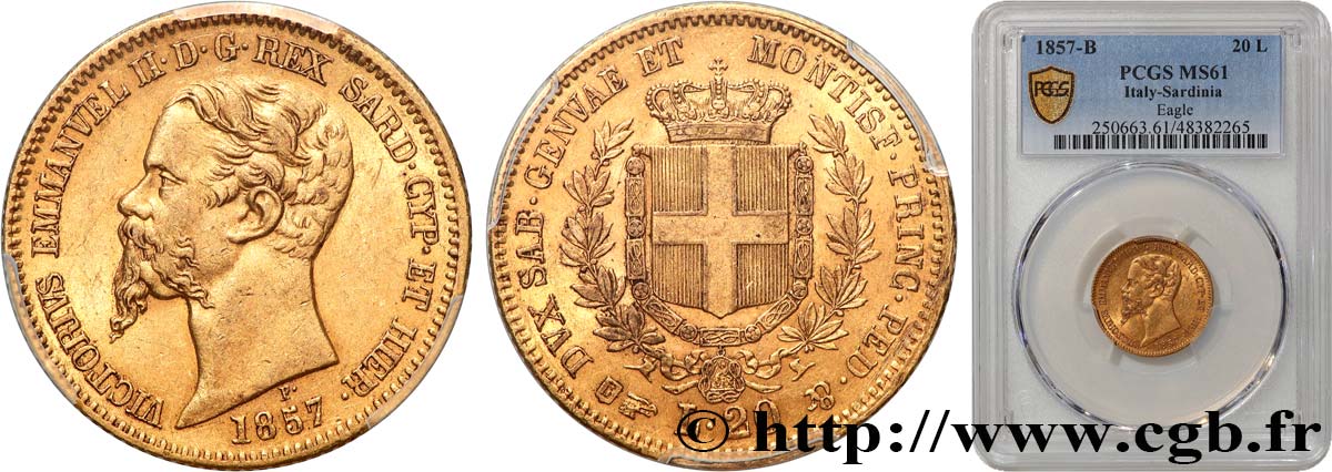 ITALY - KINGDOM OF SARDINIA - VICTOR-EMMANUEL II 20 Lire 1857 Gênes MS61 PCGS