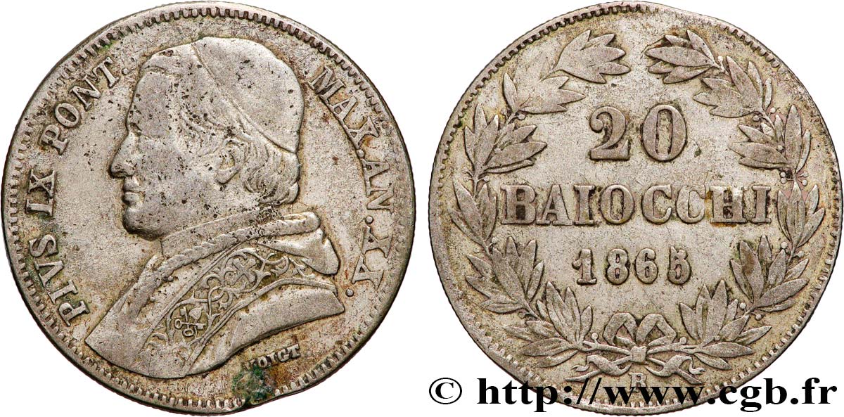 ITALIE - ÉTATS DU PAPE - PIE IX (Jean-Marie Mastai Ferretti) 20 Baiocchi an XX 1865 Rome TB+ 