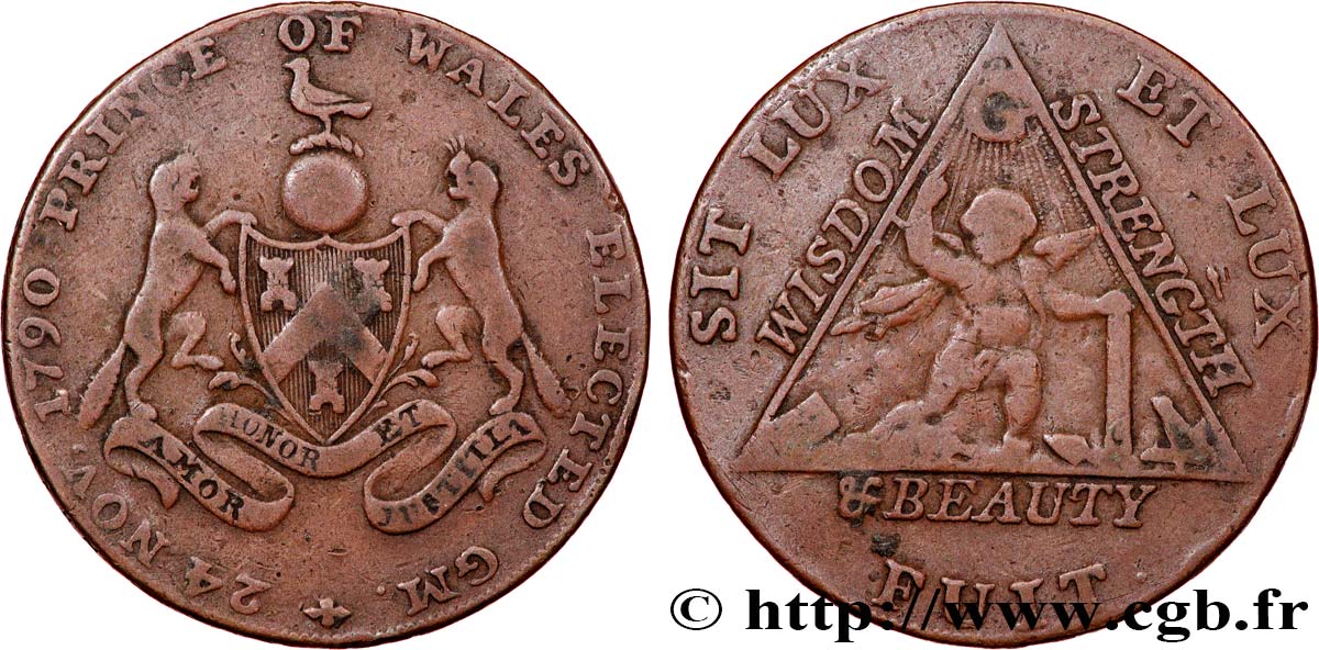 ROYAUME-UNI (TOKENS) 1/2 Penny franc-maçonnique Middlesex pour l’élévation du Prince de Galles au titre de Grand-Maître 1790  TB+ 