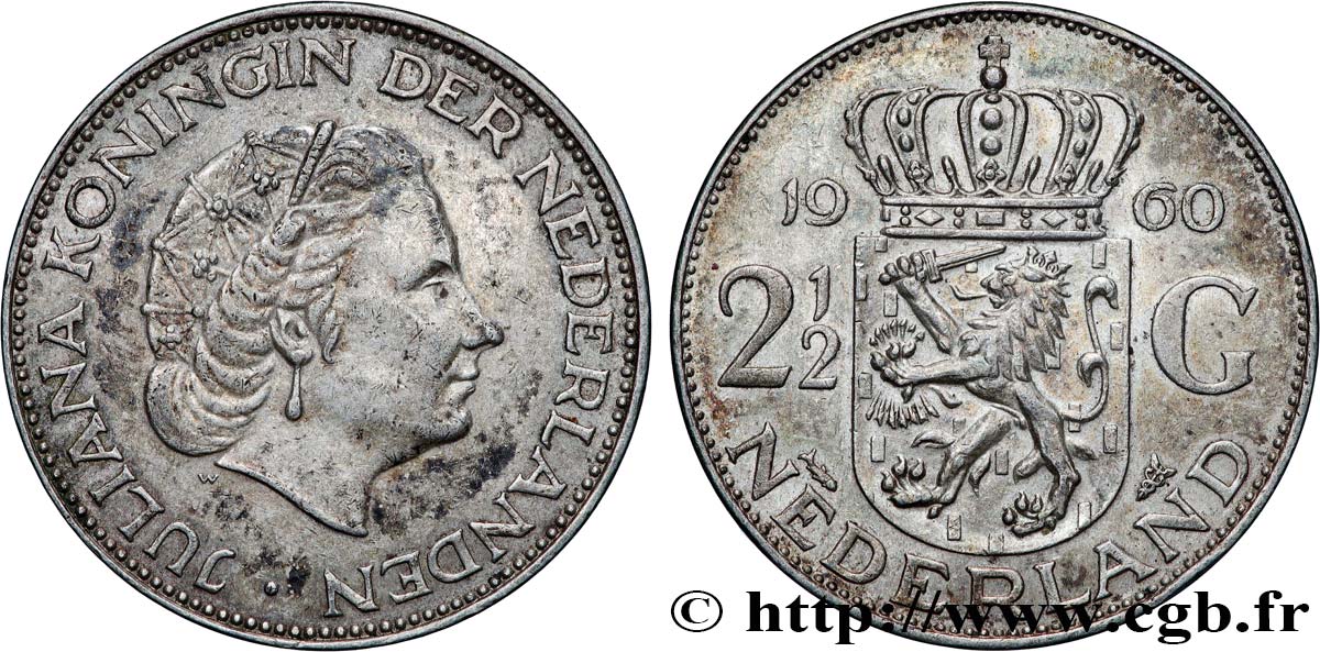 NETHERLANDS 2 1/2 Gulden Juliana 1960 Utrecht AU 