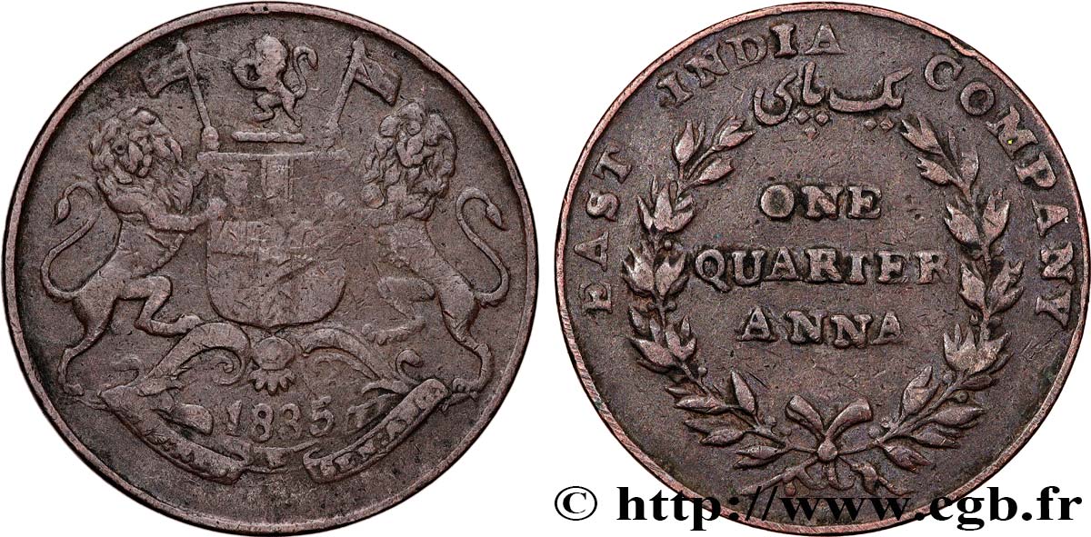 BRITISH INDIA 1/4 Anna East India Company 1835 Calcutta XF 