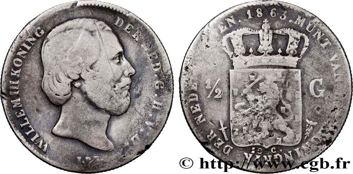 NETHERLANDS 1/2 Gulden Guillaume III 1863 Utrecht VF 