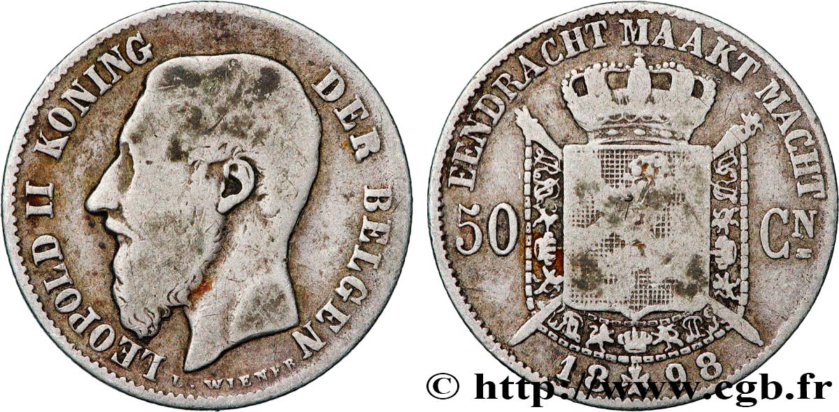 BELGIQUE 50 Centiemen (Centimes) Léopold II légende flamande 1898  TB 