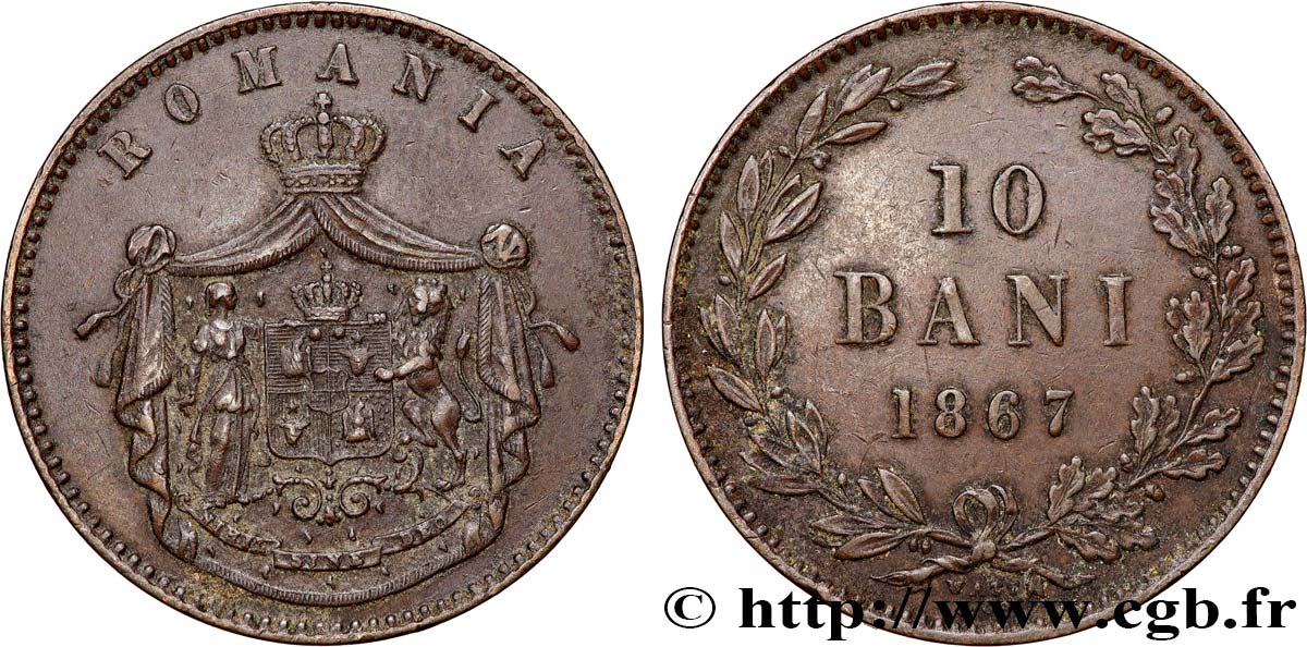 ROMANIA 10 Bani armes 1867 Watt & Co XF 