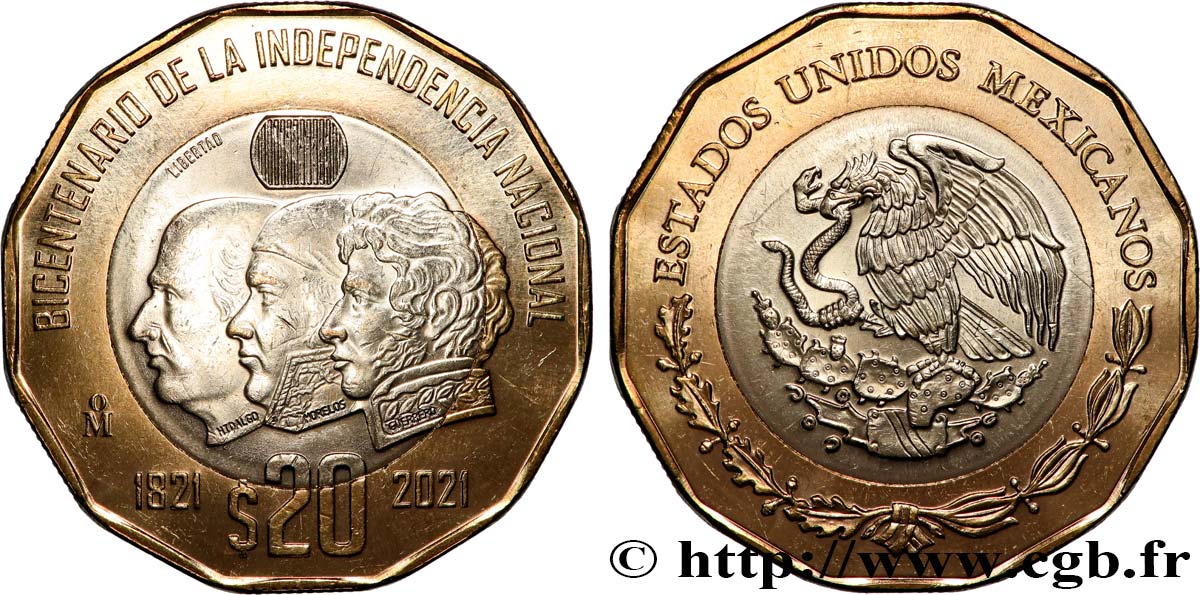 MESSICO 20 Pesos Bicentenaire de l’indépendance du Mexique 2021 Mexico MS 