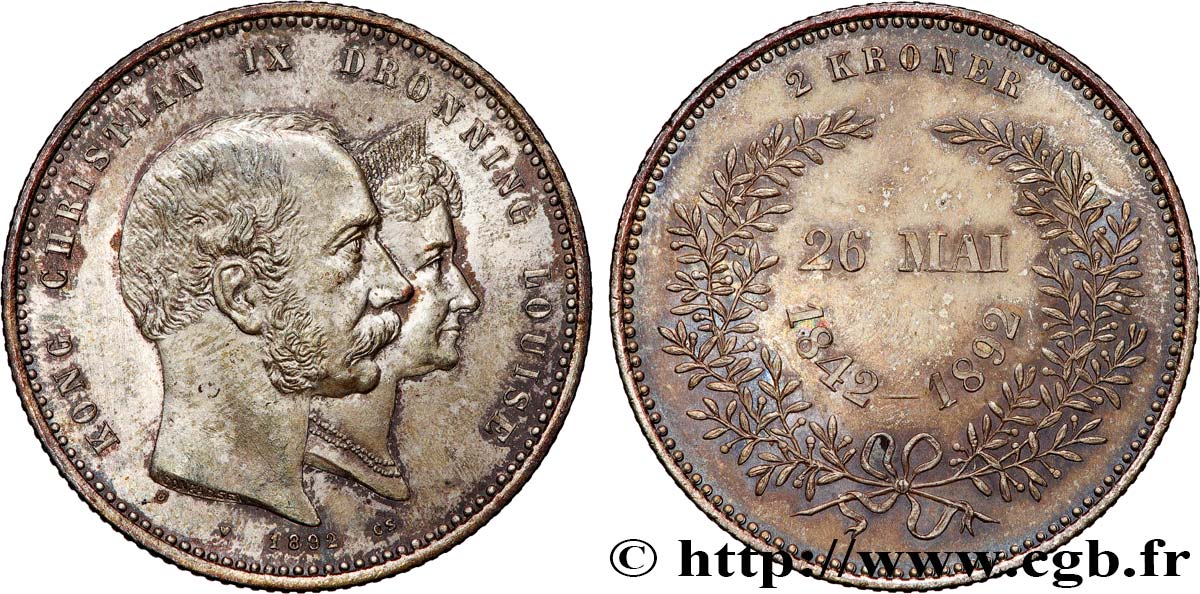 DENMARK - KINGDOM OF DENMARK - CHRISTIAN IX 2 Kroner noces d’or du roi Christian IX et de la reine Louise de Hesse-Kassel 1892 Copenhague AU 