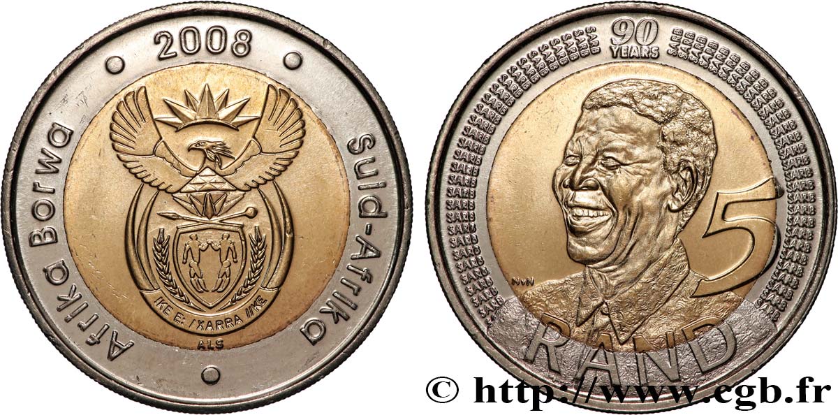 SüDAFRIKA 5 Rand 90e anniversaire de Nelson Mandela 2008 Prétoria fST 