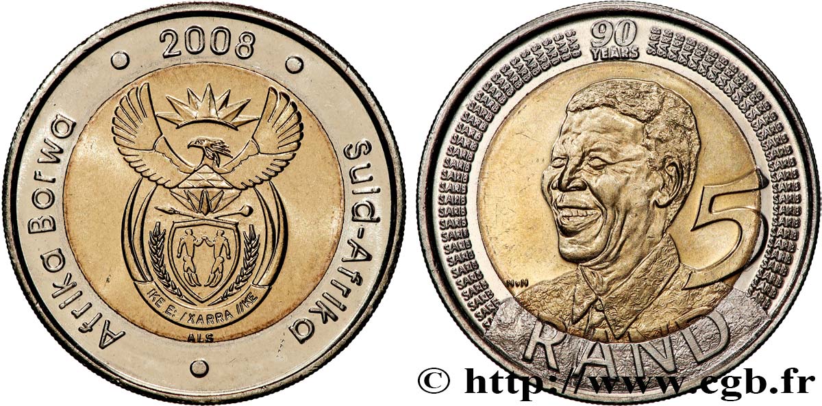 SUDAFRICA 5 Rand 90e anniversaire de Nelson Mandela 2008 Prétoria MS 