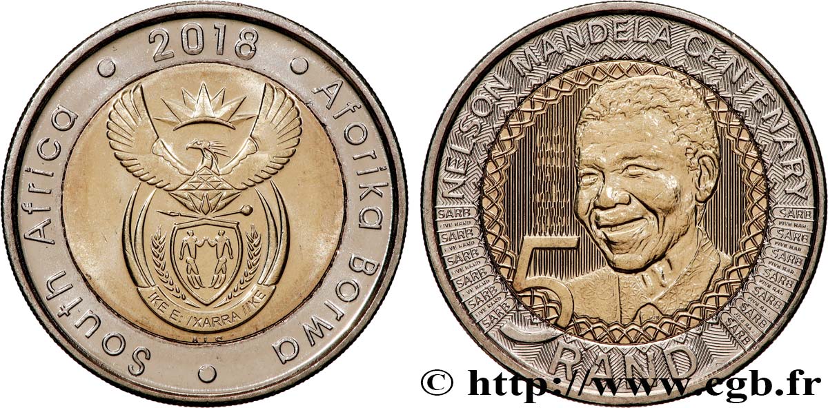 SUDÁFRICA 5 Rand Centenaire de la naissance de Nelson Mandela 2018 Prétoria SC 