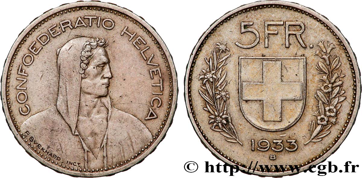 SUISSE 5 Francs Berger des alpes 1933 Berne TTB 