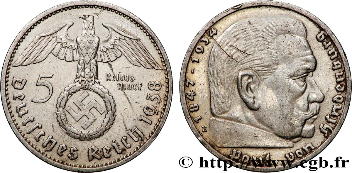 ALLEMAGNE 5 Reichsmark Maréchal Paul von Hindenburg 1938 Muldenhütten - E TTB+ 