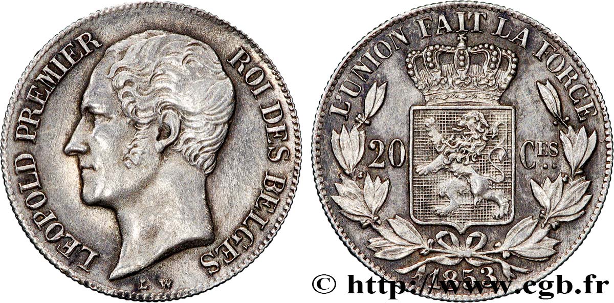 BELGIUM - KINGDOM OF BELGIUM - LEOPOLD I 20 Centimes  1853  AU 