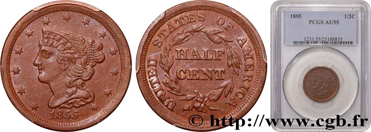 ÉTATS-UNIS D AMÉRIQUE Half (1/2) Cent ‘Braided hair’ 1855 Philadelphie SUP55 PCGS