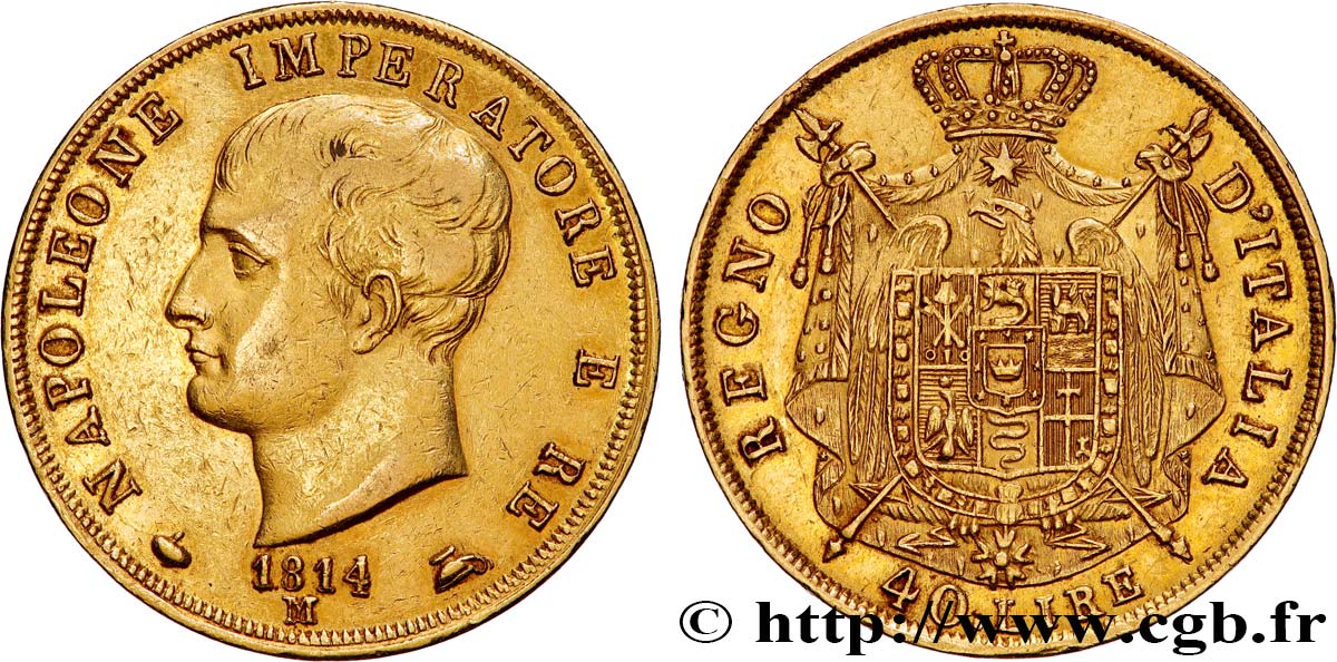 ITALIA - REINO DE ITALIA - NAPOLEóNE I 40 Lire 1814 Milan MBC/MBC+ 