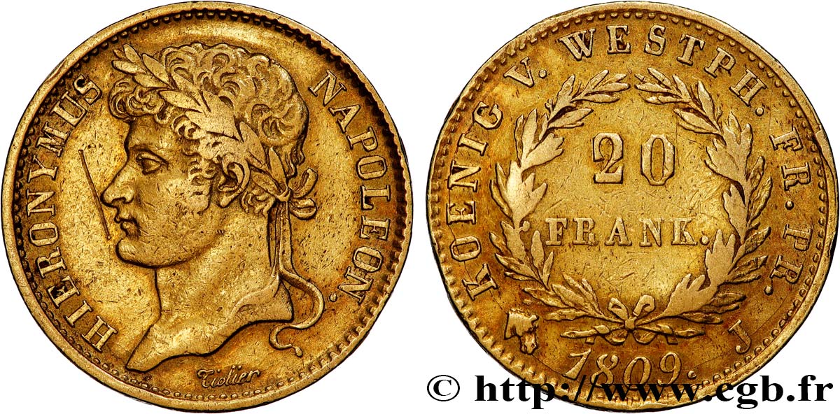 ALLEMAGNE - ROYAUME DE WESTPHALIE - JÉRÔME NAPOLÉON 20 Franken 1809 Cassel TTB 