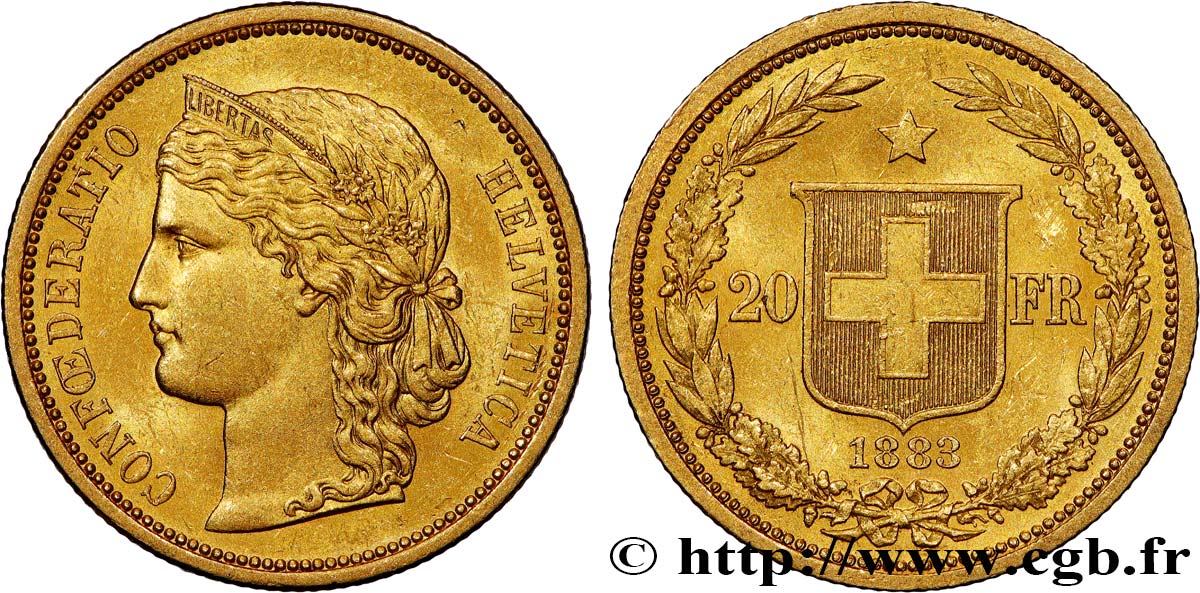 SWITZERLAND 20 Francs buste diadémé d Helvetia 1883 Berne AU 