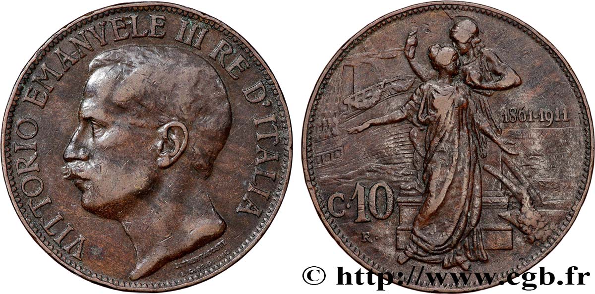 ITALIE 10 Centesimi Victor Emmanuel III - 50e anniversaire de l’Unité Italienne 1911 Rome TB+ 