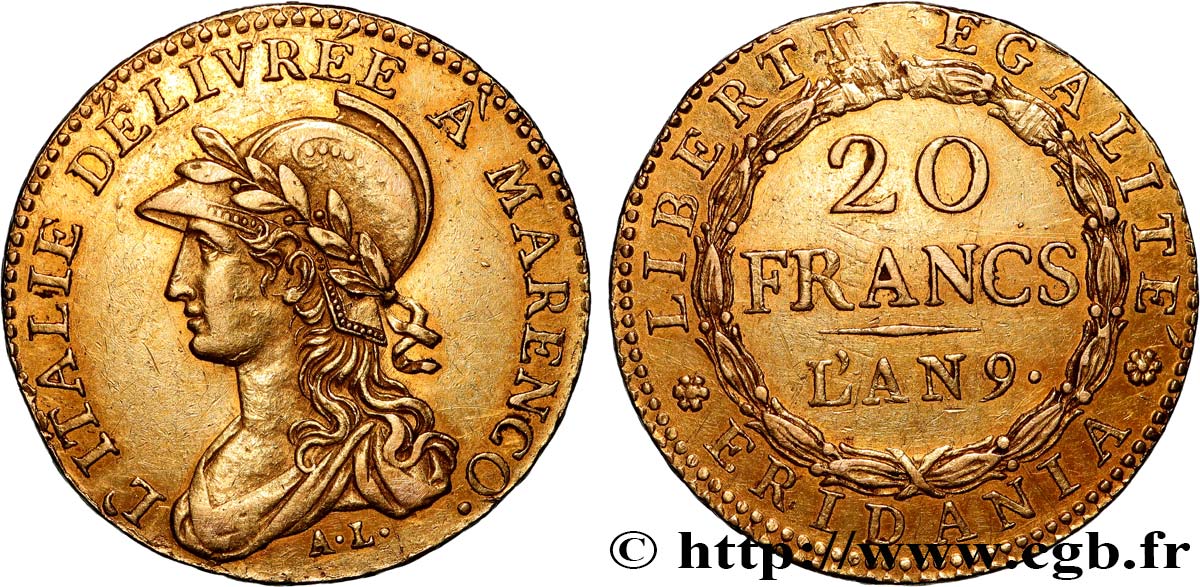 ITALIE - GAULE SUBALPINE 20 Francs or Marengo an 9 1801 Turin TTB+ 
