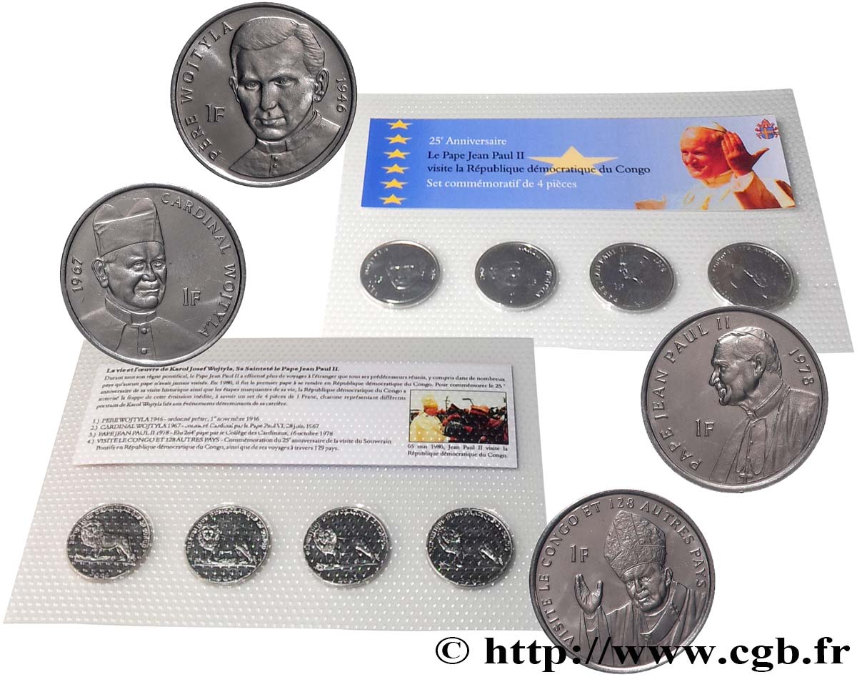 RÉPUBLIQUE DÉMOCRATIQUE DU CONGO Set 4 monnaies : 1 Franc série Pape Jean-Paul II 2004  FDC 