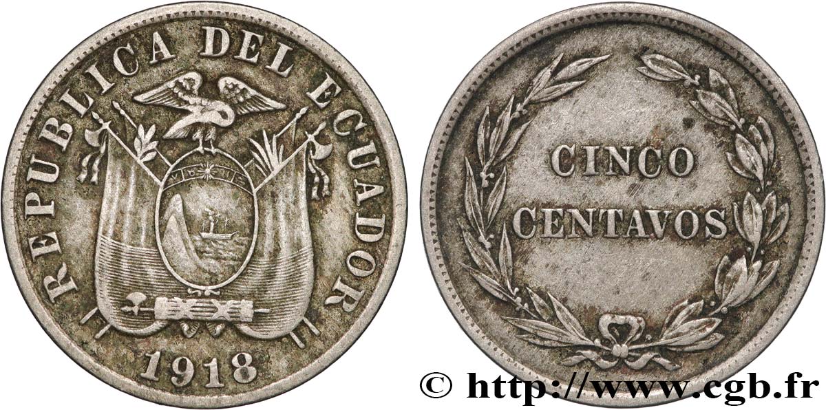 ÉQUATEUR 5 Centavos 1918 Philadelphie TTB 