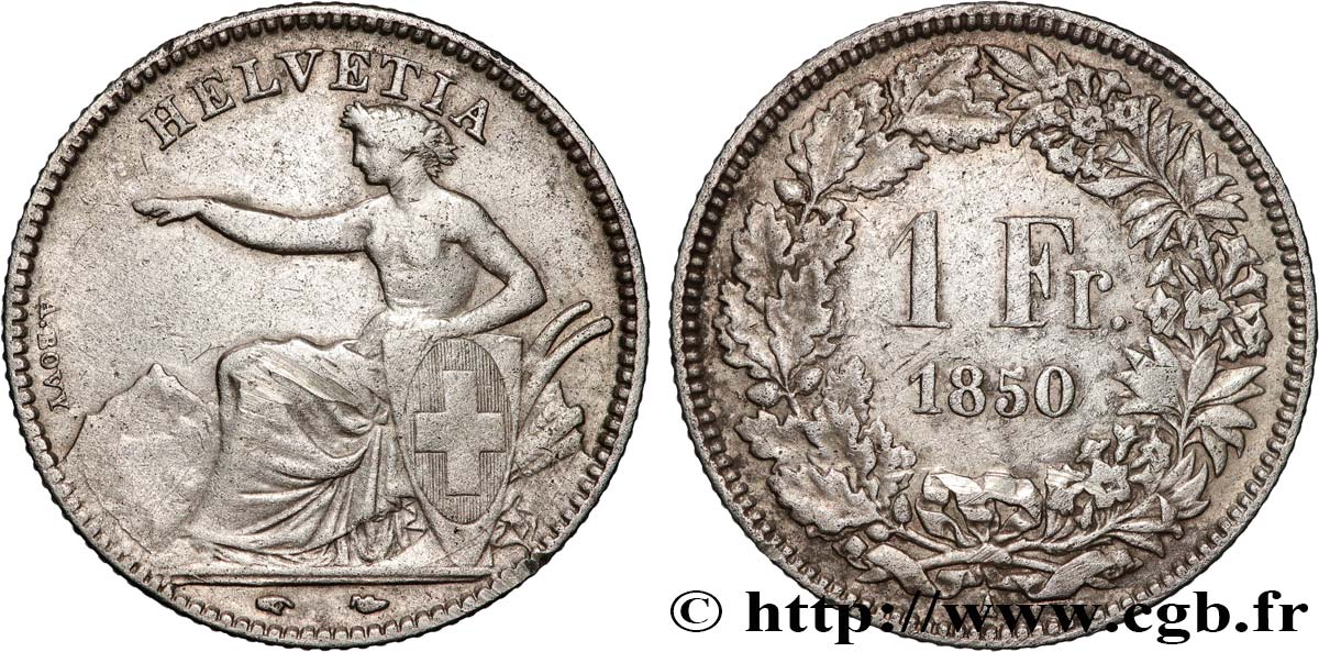 SWITZERLAND - CONFEDERATION OF HELVETIA 1 Franc Helvetia assise 1850 Paris VF/XF 